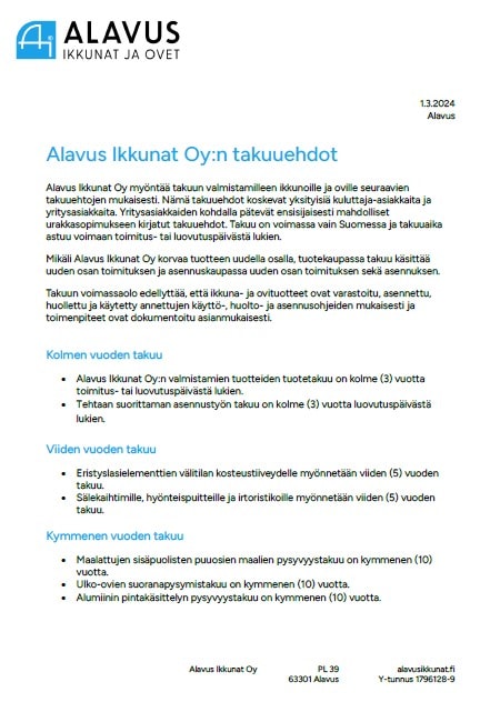 Alavus Ikkunat Oy takuuehdot